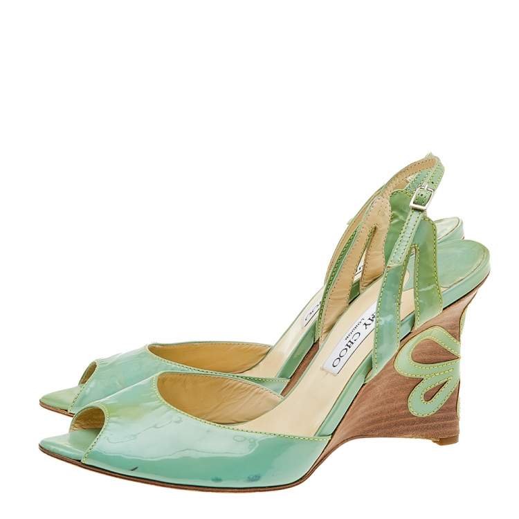 Pre Owned Jimmy Choo Green Patent Leather Slingback Wedge Sandals Size 40