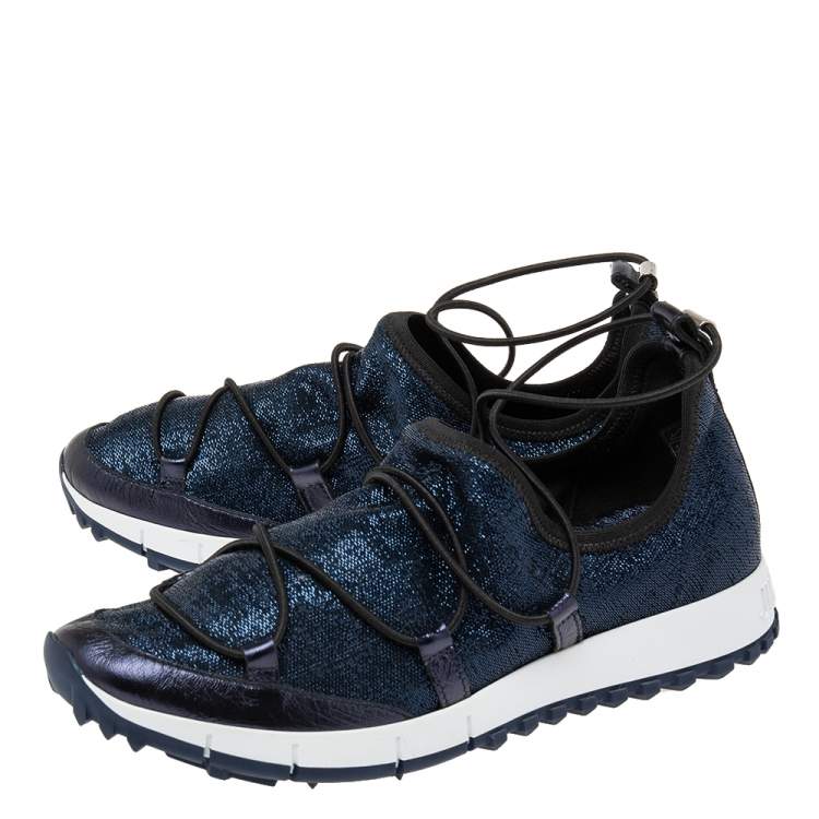 Pre Owned Jimmy Choo Blue Lurex Fabric And Leather Andrea Slip On Sneakers Size 37