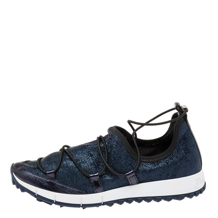 Pre Owned Jimmy Choo Blue Lurex Fabric And Leather Andrea Slip On Sneakers Size 37