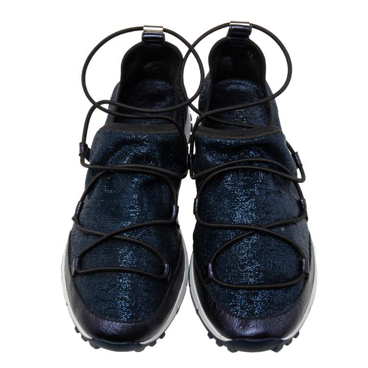 Pre Owned Jimmy Choo Blue Lurex Fabric And Leather Andrea Slip On Sneakers Size 37