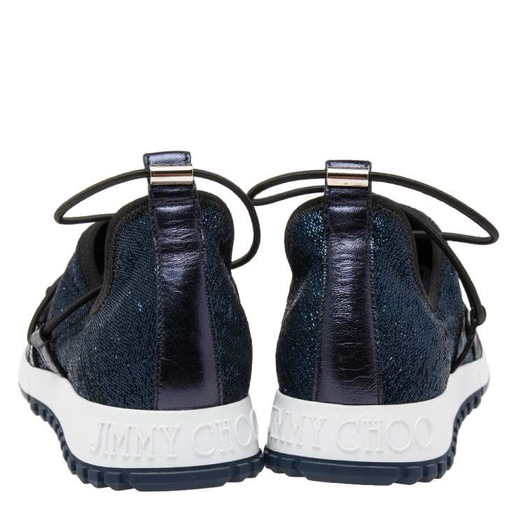 Pre Owned Jimmy Choo Blue Lurex Fabric And Leather Andrea Slip On Sneakers Size 37