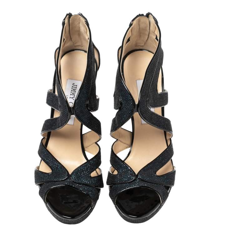 Pre Owned Jimmy Choo Blue Lamé Fabric And Glitter Leila Sandals Size 36.5