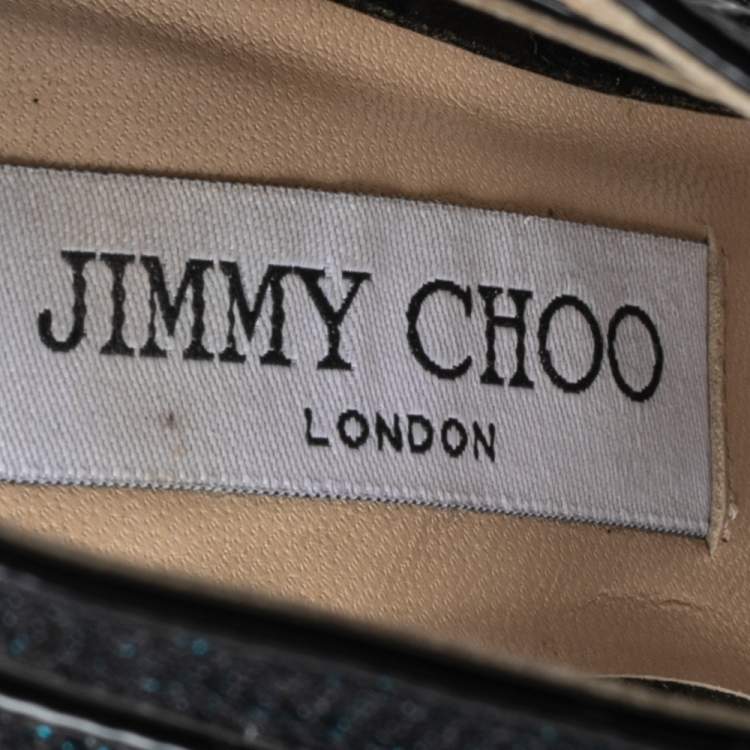 Pre Owned Jimmy Choo Blue Lamé Fabric And Glitter Leila Sandals Size 36.5