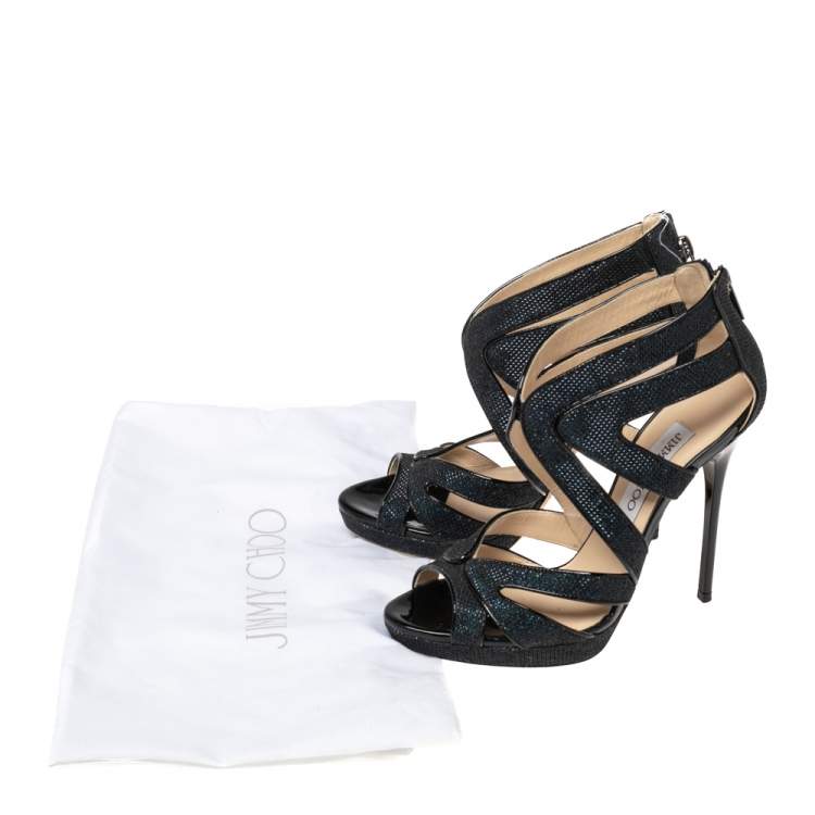 Pre Owned Jimmy Choo Blue Lamé Fabric And Glitter Leila Sandals Size 36.5