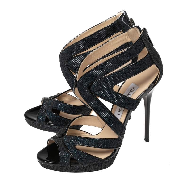 Pre Owned Jimmy Choo Blue Lamé Fabric And Glitter Leila Sandals Size 36.5