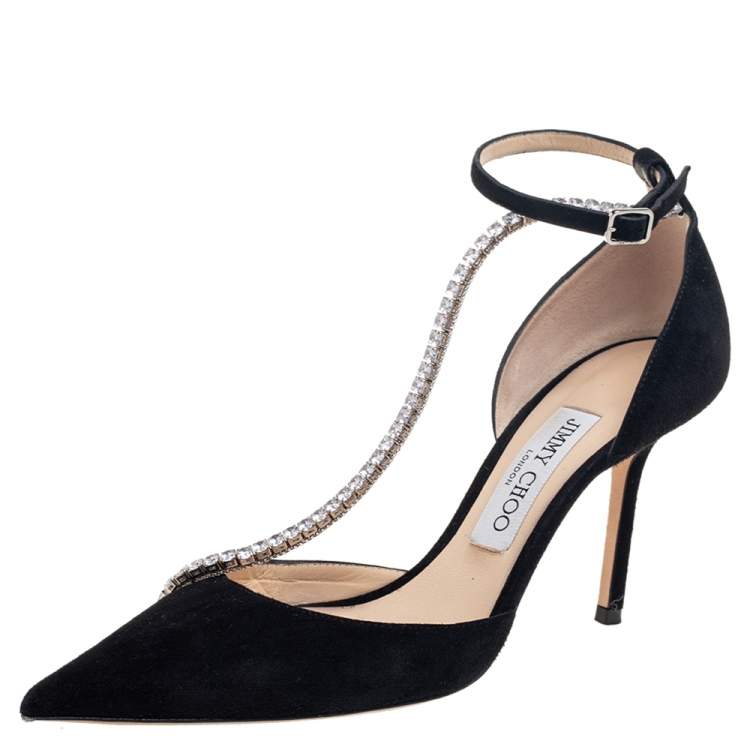 Jimmy Choo Black Suede Talika Chain Pointed-Toe Pumps Size