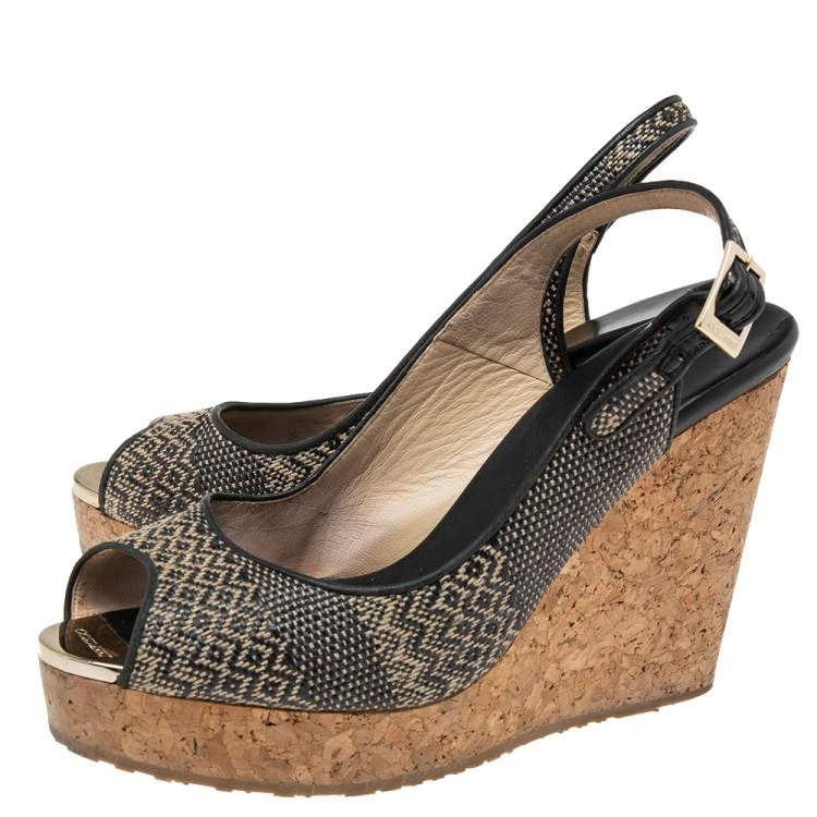 Pre Owned Jimmy Choo Black/Beige Woven Fabric Wedge Sandals Size 39