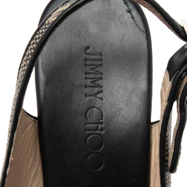 Pre Owned Jimmy Choo Black/Beige Woven Fabric Wedge Sandals Size 39
