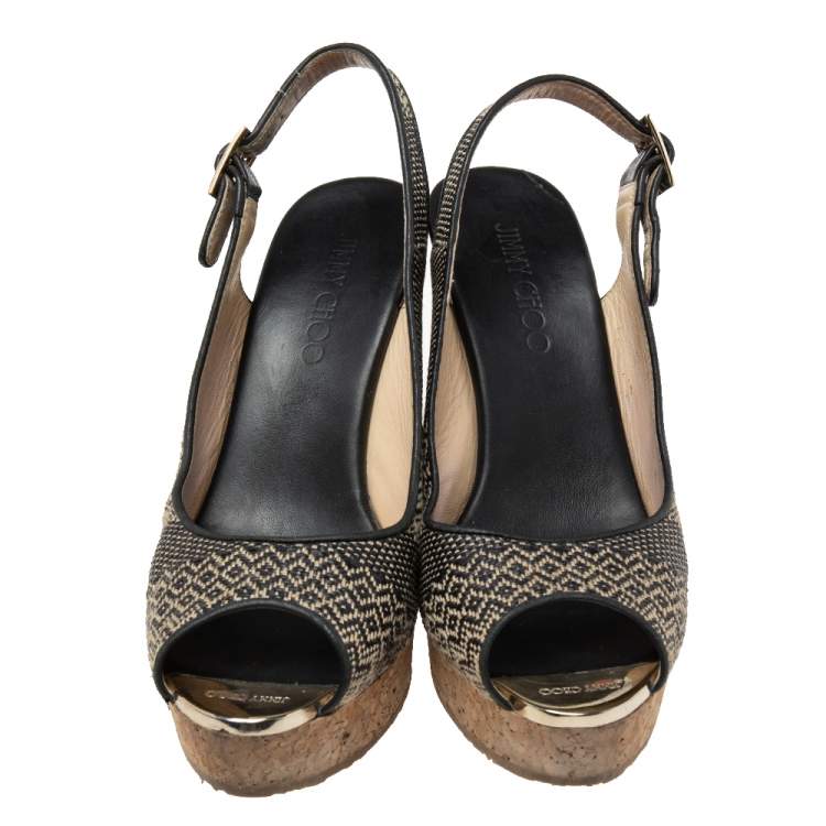 Pre Owned Jimmy Choo Black/Beige Woven Fabric Wedge Sandals Size 39