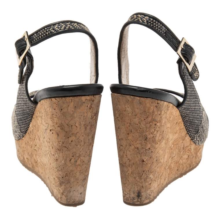 Pre Owned Jimmy Choo Black/Beige Woven Fabric Wedge Sandals Size 39