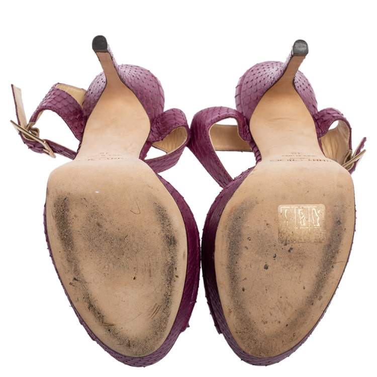 Pre Owned Jimmy Choo Purple Python Leather Peep-Toe Platform Ankle-Strap Sandals Size 36