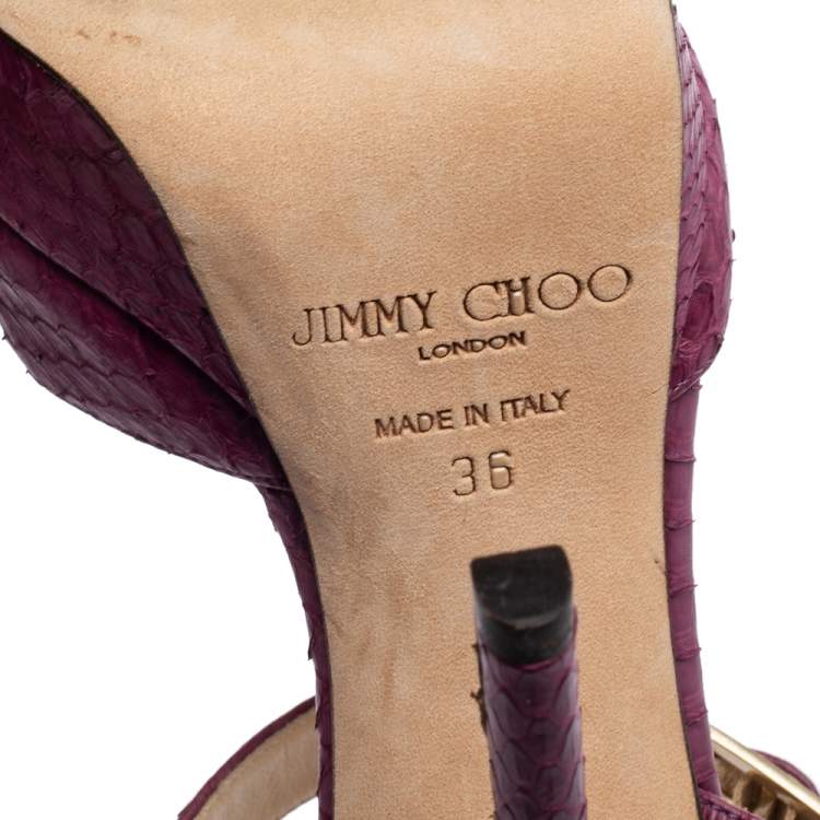 Pre Owned Jimmy Choo Purple Python Leather Peep-Toe Platform Ankle-Strap Sandals Size 36