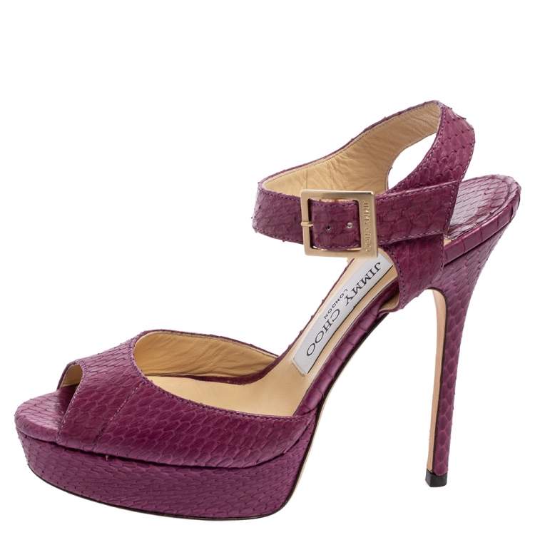 華やぎ【Jimmy Choo】パイソン カーフスキン サンダル Jimmy Choo Purple Python Leather Peep-Toe Platform Ankle
