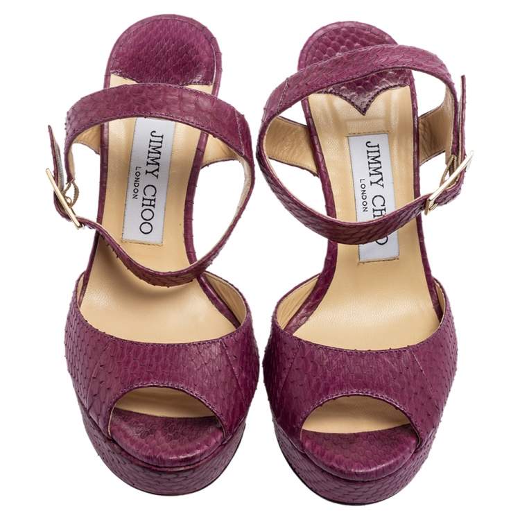 Pre Owned Jimmy Choo Purple Python Leather Peep-Toe Platform Ankle-Strap Sandals Size 36