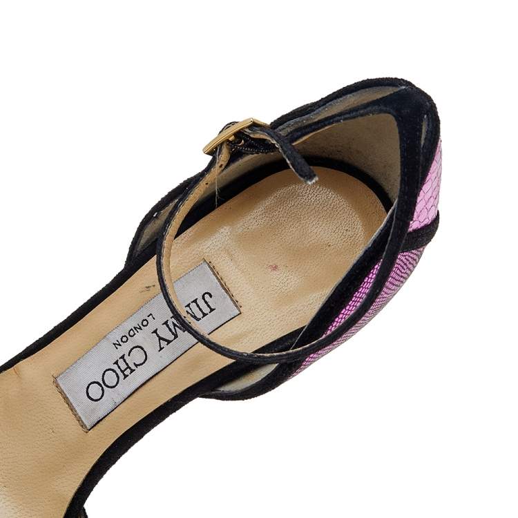 Pre Owned Jimmy Choo Metallic Pink Python Embossed Leather And Suede Platform Ankle Strap Sandals Size 36