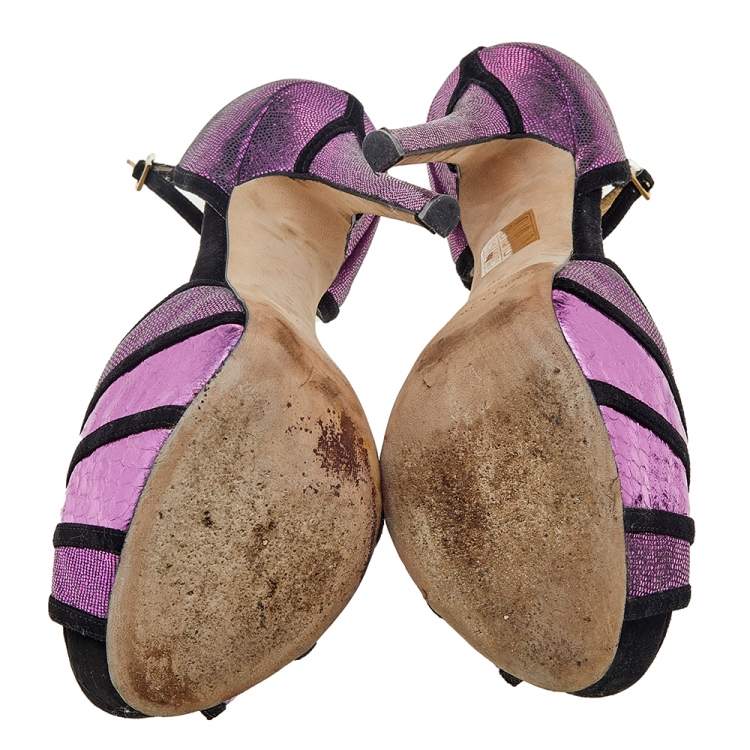 Pre Owned Jimmy Choo Metallic Pink Python Embossed Leather And Suede Platform Ankle Strap Sandals Size 36