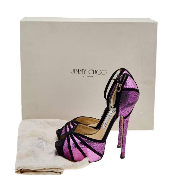 Pre Owned Jimmy Choo Metallic Pink Python Embossed Leather And Suede Platform Ankle Strap Sandals Size 36