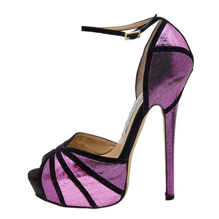 Pre Owned Jimmy Choo Metallic Pink Python Embossed Leather And Suede Platform Ankle Strap Sandals Size 36