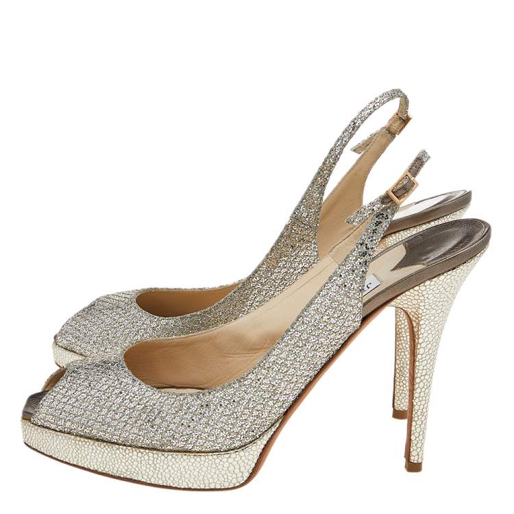 Pre Owned Jimmy Choo Silver/Gold Glitter and Leather Peep Toe Slingback Platform Sandals Size 41
