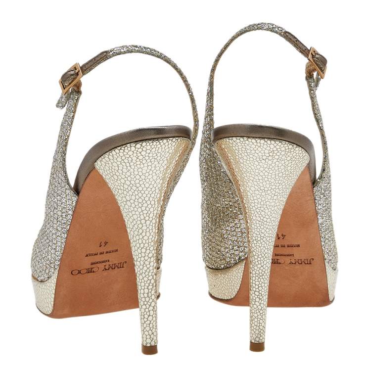 Pre Owned Jimmy Choo Silver/Gold Glitter and Leather Peep Toe Slingback Platform Sandals Size 41