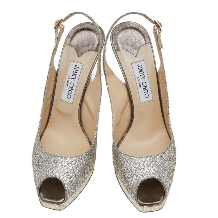 Pre Owned Jimmy Choo Silver/Gold Glitter and Leather Peep Toe Slingback Platform Sandals Size 41