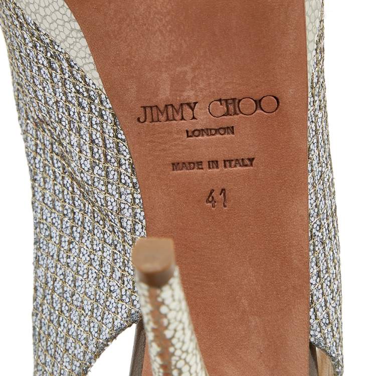 Pre Owned Jimmy Choo Silver/Gold Glitter and Leather Peep Toe Slingback Platform Sandals Size 41