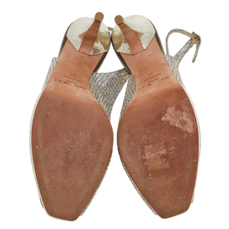 Pre Owned Jimmy Choo Silver/Gold Glitter and Leather Peep Toe Slingback Platform Sandals Size 41