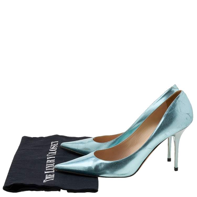 Pre Owned Jimmy Choo Light Blue Texture Foil Leather Pointed Toe Pumps Size 41
