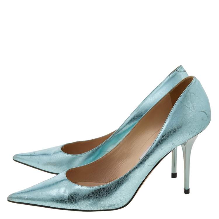 Pre Owned Jimmy Choo Light Blue Texture Foil Leather Pointed Toe Pumps Size 41