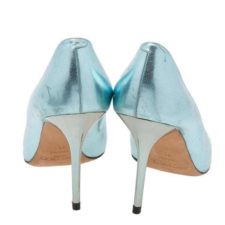 Pre Owned Jimmy Choo Light Blue Texture Foil Leather Pointed Toe Pumps Size 41