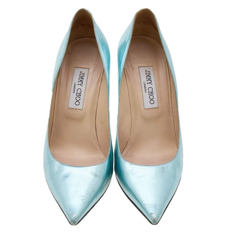 Pre Owned Jimmy Choo Light Blue Texture Foil Leather Pointed Toe Pumps Size 41