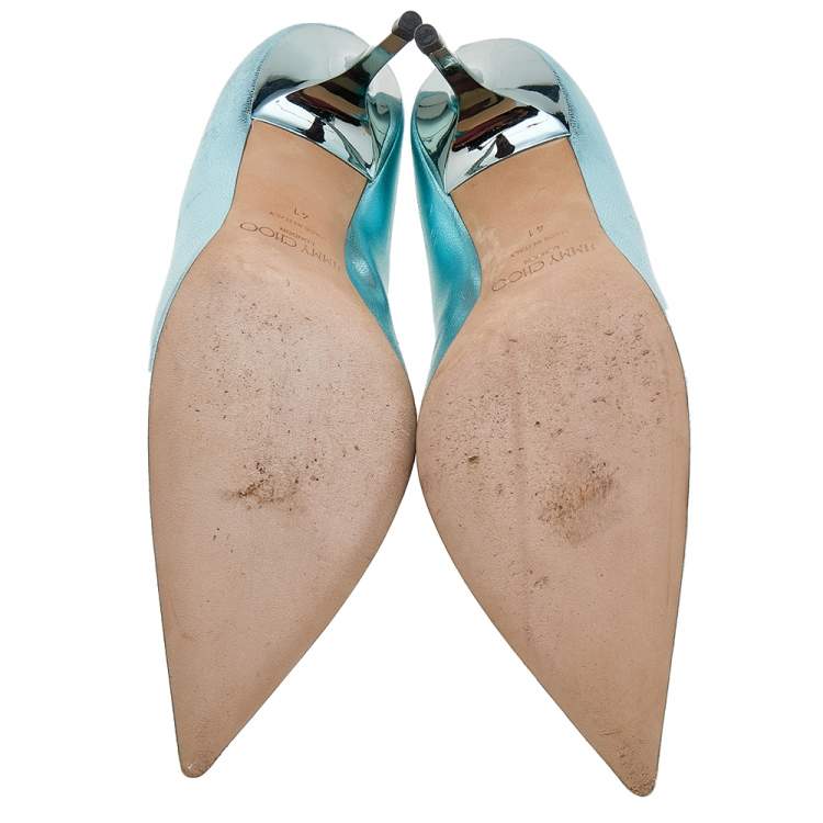 Pre Owned Jimmy Choo Light Blue Texture Foil Leather Pointed Toe Pumps Size 41