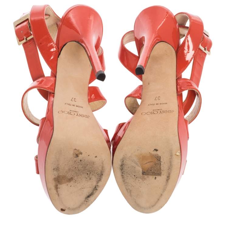 Pre Owned Jimmy Choo Orange Patent Leather Ankle Strap Sandals Size 37
