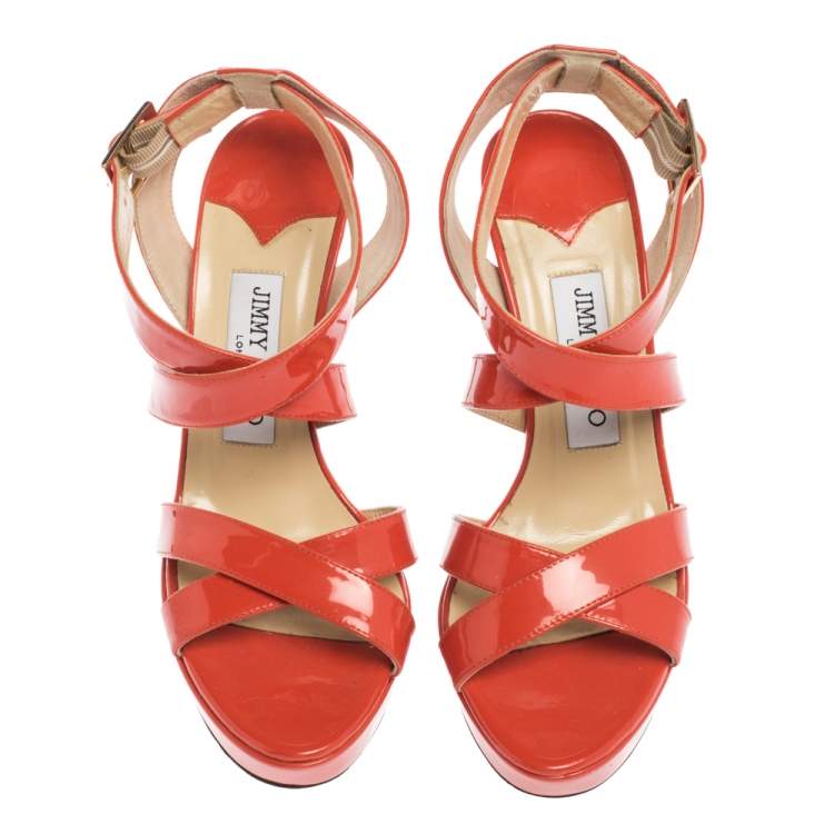 Pre Owned Jimmy Choo Orange Patent Leather Ankle Strap Sandals Size 37