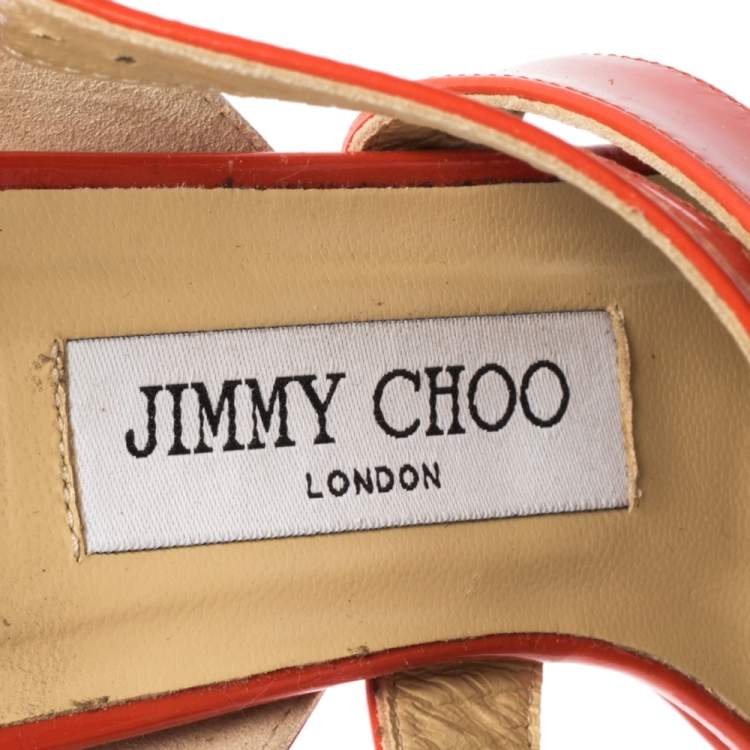 Pre Owned Jimmy Choo Orange Patent Leather Ankle Strap Sandals Size 37
