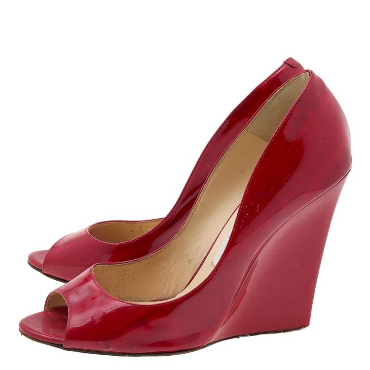 Pre Owned Jimmy Choo Red Patent Leather Wedge Peep Toe Pumps Size 40