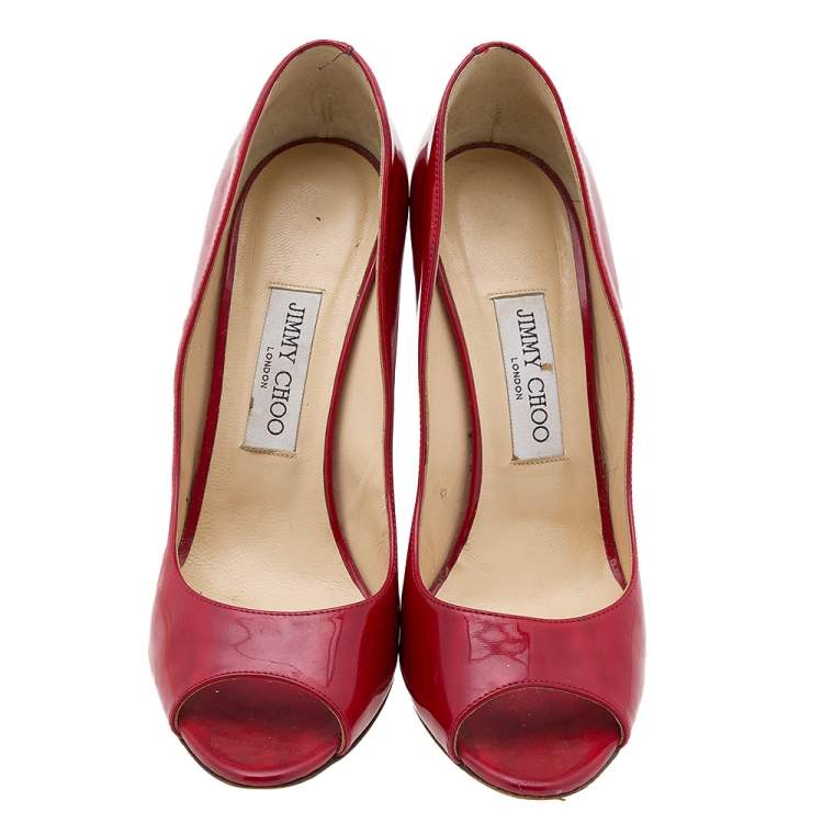 Pre Owned Jimmy Choo Red Patent Leather Wedge Peep Toe Pumps Size 40