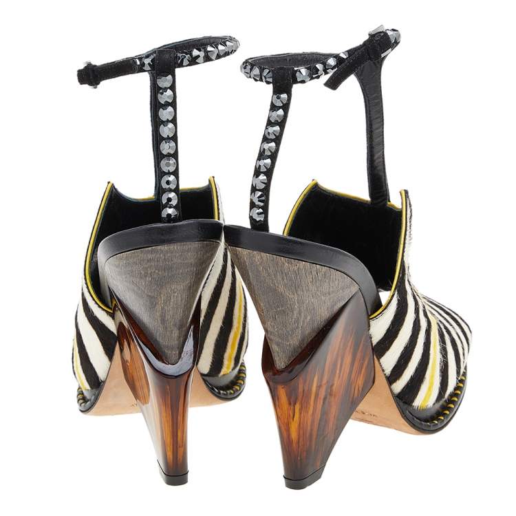 Pre Owned Jimmy Choo Multicolor Calf Hair Crystal Embellished Kascade T-Strap Wedge Sandals Size 36