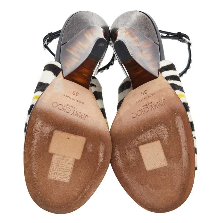 Pre Owned Jimmy Choo Multicolor Calf Hair Crystal Embellished Kascade T-Strap Wedge Sandals Size 36