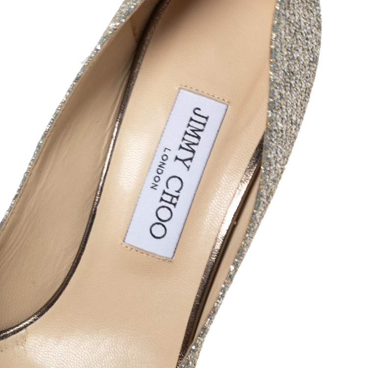 Pre Owned Jimmy Choo Metallic Silver/Gold Lamé. Fabric And Glitter Baxen Wedge Peep Toe Pumps Size 39.5