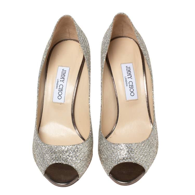 Pre Owned Jimmy Choo Metallic Silver/Gold Lamé. Fabric And Glitter Baxen Wedge Peep Toe Pumps Size 39.5