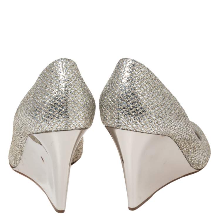Pre Owned Jimmy Choo Metallic Silver/Gold Lamé. Fabric And Glitter Baxen Wedge Peep Toe Pumps Size 39.5