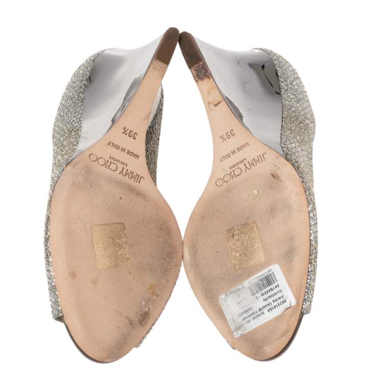 Pre Owned Jimmy Choo Metallic Silver/Gold Lamé. Fabric And Glitter Baxen Wedge Peep Toe Pumps Size 39.5