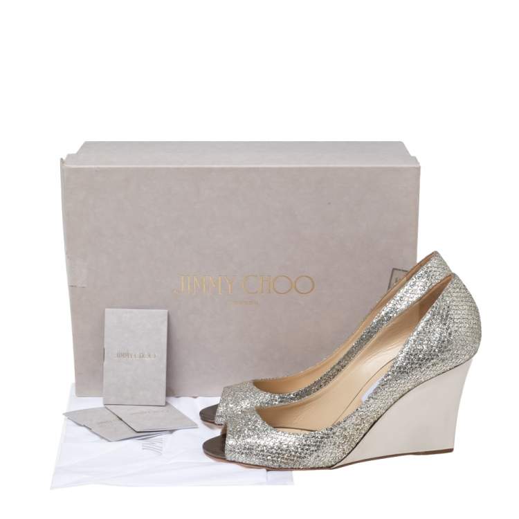 Pre Owned Jimmy Choo Metallic Silver/Gold Lamé. Fabric And Glitter Baxen Wedge Peep Toe Pumps Size 39.5