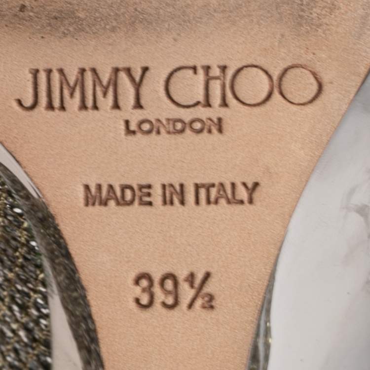 Pre Owned Jimmy Choo Metallic Silver/Gold Lamé. Fabric And Glitter Baxen Wedge Peep Toe Pumps Size 39.5