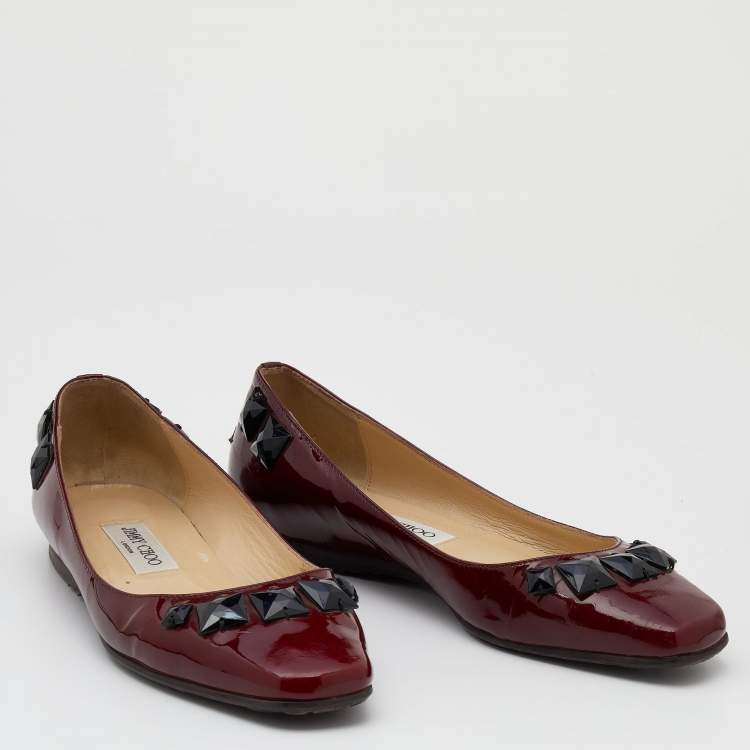 Pre Owned Jimmy Choo Burgundy Patent Leather Crystal Embellished Watson Ballet Flats Size 37.5