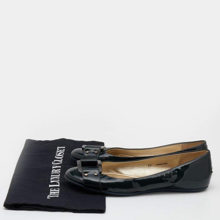 Pre Owned Jimmy Choo Dark Green Patent Leather Morse Buckle Ballet Flats Size 39