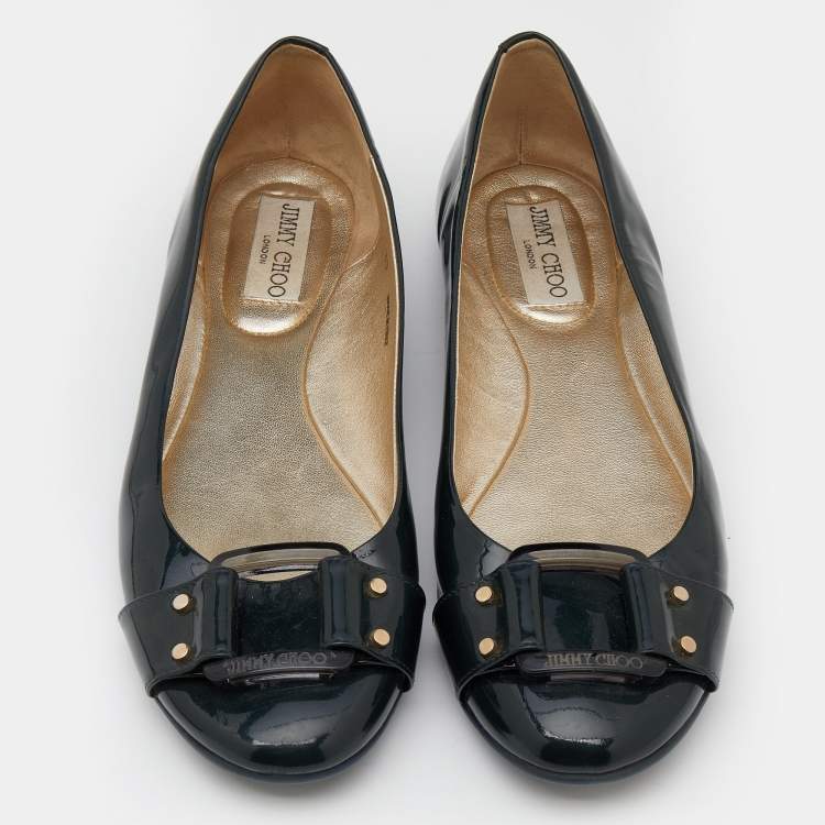 Pre Owned Jimmy Choo Dark Green Patent Leather Morse Buckle Ballet Flats Size 39