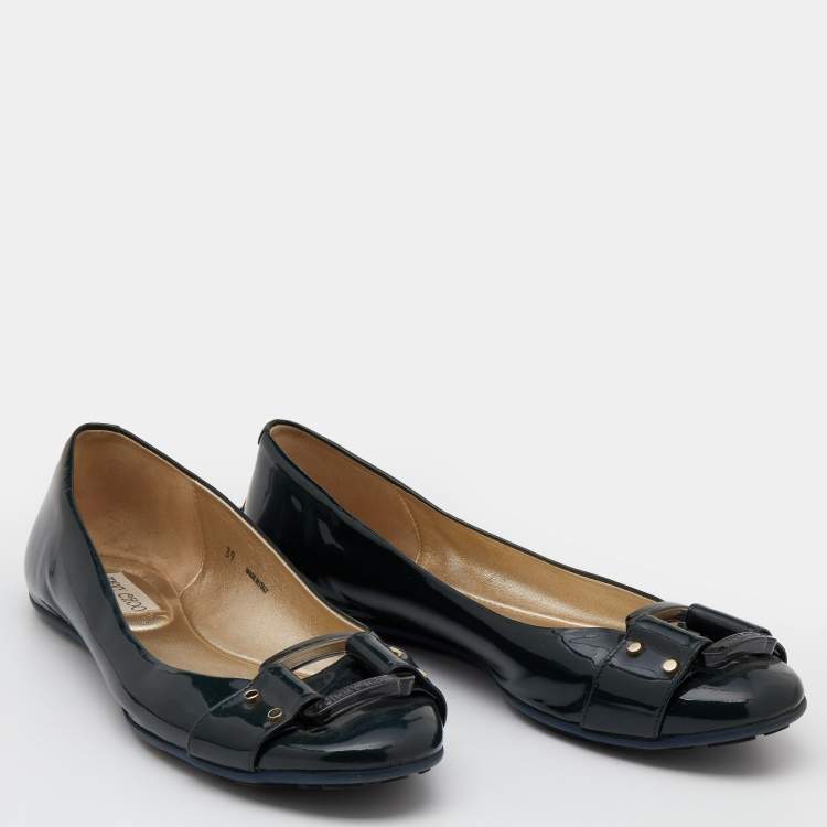 Pre Owned Jimmy Choo Dark Green Patent Leather Morse Buckle Ballet Flats Size 39