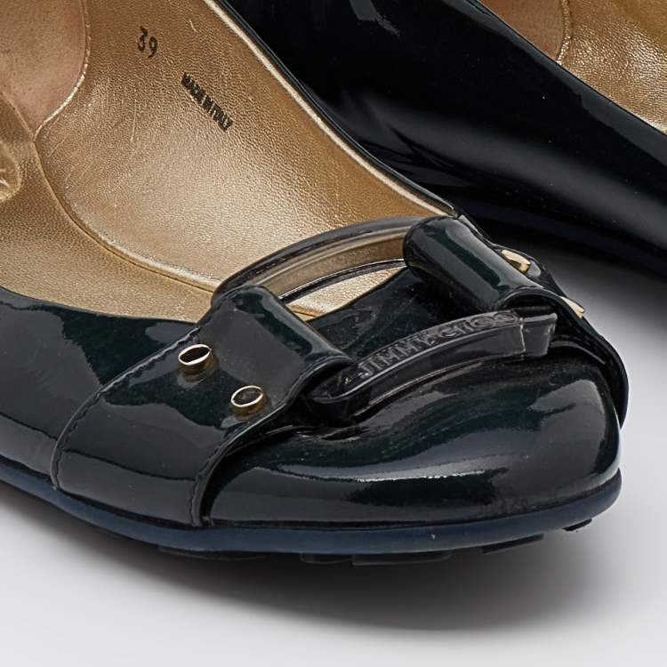 Pre Owned Jimmy Choo Dark Green Patent Leather Morse Buckle Ballet Flats Size 39
